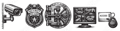 A collection of vintage-style black and white illustrations depicting security elements including a surveillance camera, guard badge, vault, CCTV monitor, and access card with keys.