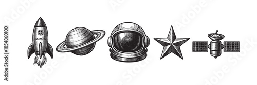 A black and white retro sketch style graphic features a collection of space-themed icons, including a rocket, planet, astronaut helmet, star, and satellite, against a white background.