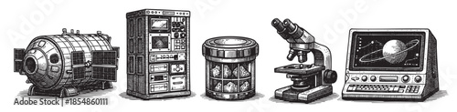 A black and white ink drawing depicts a collection of vintage scientific equipment including a capsule, research instruments, petri dishes, a microscope, and a computer terminal.