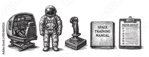 A vintage-style line drawing depicts an astronaut, a joystick, a space training manual, and a mission checklist, suggesting preparedness and the journey to space.
