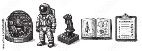 A vintage style black and white illustration showcases astronaut space mission equipment including a helmeted astronaut, cockpit, joystick, open book, and checklist.