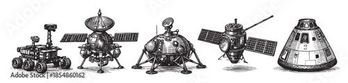 A vintage black and white woodcut style illustration features various spacecraft including a rover, lunar lander, satellite, and capsule, ideal for historical or educational themes.