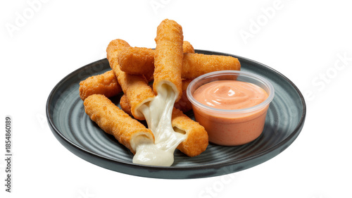 A plate of cheese puffs with a dipping sauce