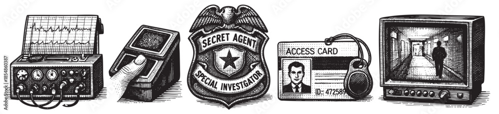 Fototapeta premium A vintage style illustration depicting tools of espionage: a lie detector, a badge, an access card, and a monitor showing surveillance footage, conveying themes of mystery and detection.