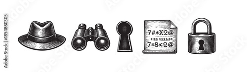 A vintage black and white illustration displays a fedora hat, binoculars, a keyhole, a document with code, and a padlock arranged in a row, symbolizing secrets and security.