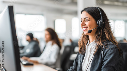 Smiling woman in headset working at computer in modern call center office. Concept of technical support, customer care, professional multitasking