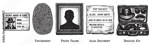 Black and white illustration of essential spy tools including a secret agent ID card, fingerprint, silhouette photo, top-secret alias document, and a disguise kit.