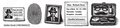 This illustration depicts a collection of items related to espionage and investigation, including an ID card, fingerprint, portrait, and a case with disguise items.
