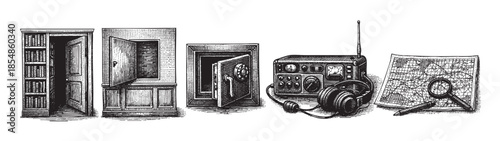An intriguing woodcut style illustration displays a collection of vintage investigation tools including an open doorway, a safe, radio equipment, and a map with a magnifying glass.