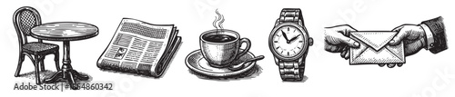 A vintage black and white illustration depicts a cafe scene with a table and chair, a folded newspaper, a steaming cup of coffee, a wrist watch, and a hand holding an envelope.