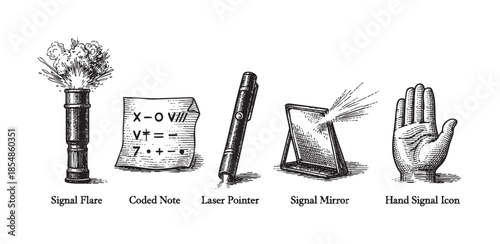 A vintage-style illustration displays various communication methods including a signal flare, coded message, laser pointer, signal mirror, and hand signal, all in black and white.