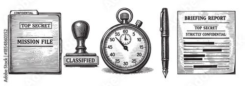 A vintage illustration showcases secret agent tools including a top secret mission file, a classified stamp, a stopwatch, a pen, and a briefing report, suggesting espionage and important investigation