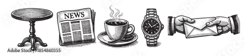 A black and white woodcut illustration depicts a collection of objects: a small round table, a folded newspaper, a steaming cup of coffee, a wristwatch, and a hand holding an envelope.