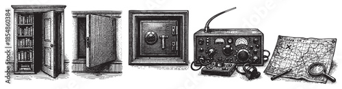 A collection of vintage illustration objects including bookshelves, safe, radio, and map with magnifying glass.