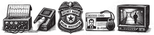 A vintage style illustration depicting tools of espionage: a lie detector, a badge, an access card, and a monitor showing surveillance footage, conveying themes of mystery and detection.