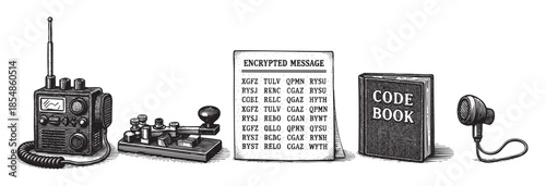 A vintage illustration depicts a radio, Morse code key, encrypted message, and code book, evoking a sense of espionage and historical communication.