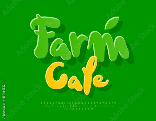 Vector Modern signboard Farm Cafe. Flat Trendy Font. Eco Green Alphabet Letters and Numbers set