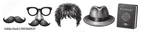 A collection of disguise items including a fake mustache, glasses with a nose, a wig, a hat, and a passport, rendered in a vintage black and white illustration style.