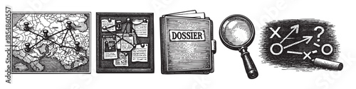 A collection of graphic elements representing investigation, strategy, and intelligence gathering including a map, push pins, a dossier, a magnifying glass, and a strategy board with chalk.