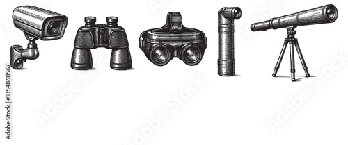 A hand-drawn collection of optical devices including a security camera, binoculars, VR headset, periscope, and telescope on a white background, representing observation and vision.