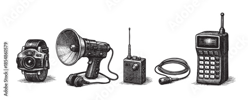 A black and white illustration in a woodcut style showcasing a collection of vintage communication devices including a walkie-talkie, megaphone, and early mobile phone.