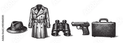 This vintage style illustration features a fedora hat, trench coat, binoculars, pistol, and a briefcase laid out, evoking themes of espionage, mystery, and investigation.