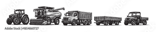 A row of detailed black and white vintage sketch style farm vehicles, including a tractor, combine harvester, and trucks, arranged on a white background.