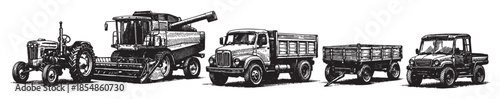 A black and white illustration showcases a row of vintage farm vehicles including a tractor, combine harvester, truck, and trailer, rendered in a classic engraving style.
