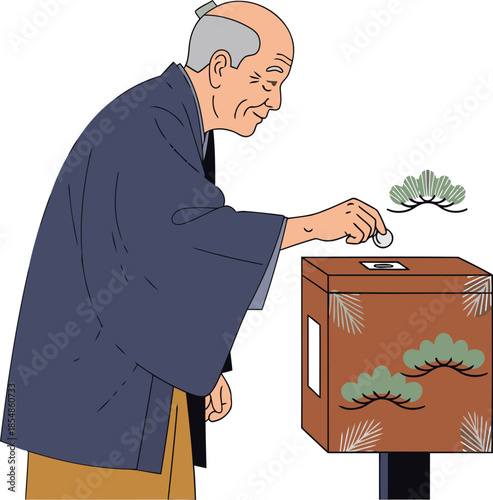 An elderly Japanese man carefully places a coin into a traditional offering box, symbolizing gratitude. A serene and respectful scene.