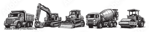 A detailed black and white engraving illustration features a lineup of construction vehicles including a dump truck, excavator, bulldozer, cement mixer, and steamroller, in a vintage artistic style.