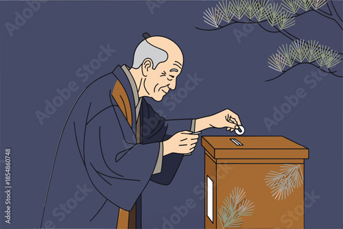An elderly Japanese monk carefully deposits a coin into a shrine box. A serene scene of gratitude and tradition.  Detailed illustration.