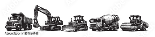 This black and white ink sketch features a line of heavy construction vehicles including a dump truck, excavator, bulldozer, cement mixer, and road roller.