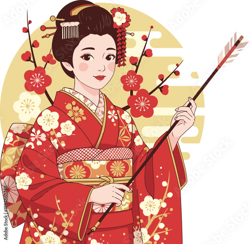 Elegant Japanese geisha holds a bow, adorned in a vibrant kimono. A beautiful, detailed illustration evokes joy and tradition. Perfect for greeting cards and design.