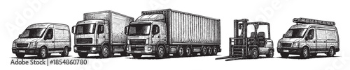A hand-drawn black and white illustration depicts a fleet of delivery vehicles including vans, trucks, and a forklift, ready for logistics and transportation.