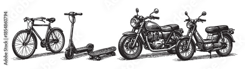 A monochromatic, hand-drawn illustration showcases a bicycle, electric scooter, skateboard, and two motorcycles, symbolizing varied modes of personal transport and urban mobility.
