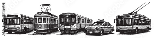 A retro illustration in black and white depicts a diverse collection of vintage public transportation vehicles, including buses, trams, and a taxi, arranged in a line.