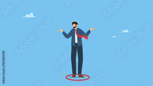 Businessman standing uncomfortably in small red circle. Business boundary, limitation or framing that prevent progress work, prohibited activity that limit business or career growth.
