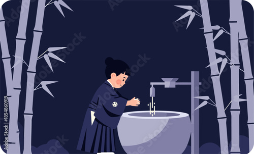 A serene monk washes hands at a stone basin beside bamboo in a tranquil Japanese setting.  Clean lines, minimalist style, evokes purity and peace.