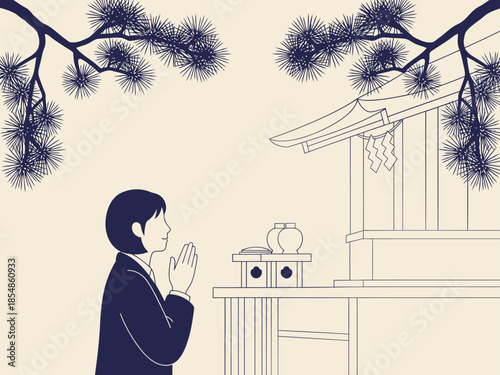 serene scene depicts a  professional praying before a traditional Japanese shrine Soft colors and minimalist design create a peaceful contemplative mood Suitable for New Year-s or spiritual themes