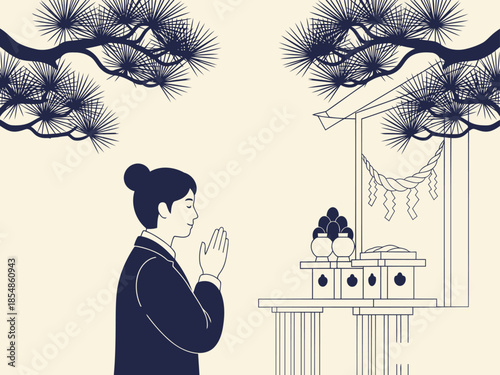 A serene woman performs a traditional New Year ritual, offering prayers before a shrine. Elegant, minimalist design evokes tranquility and cultural heritage. Suitable for New Year, Asian themes.