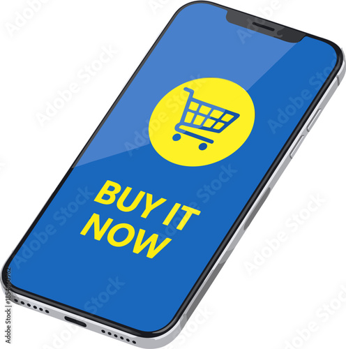 Smartphone displays 'Buy It Now' with a shopping cart icon against a dynamic yellow and blue background. Modern, vibrant, and commercially appealing.