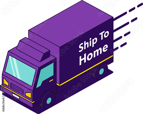 A stylized purple truck with 'Ship To Home' text delivers goods. Dynamic lines suggest movement and speed. Modern, graphic illustration for shipping and logistics.