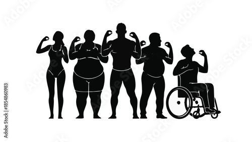 Diverse group celebrates strength and inclusivity with powerful poses against a white background