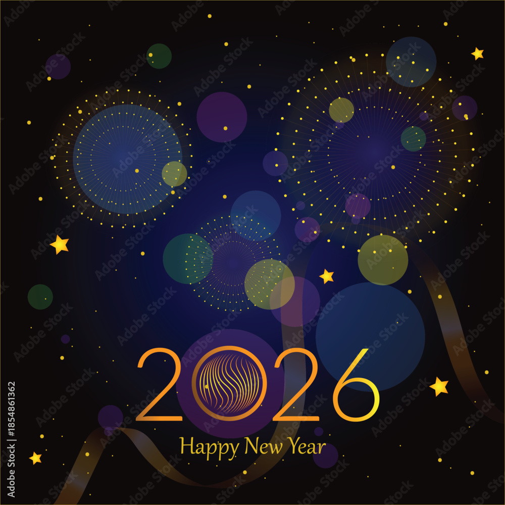 Fototapeta premium 2026 New Year's Eve party banner with gold typography, sparkling firework bursts, and abstract bokeh lights. Luxury holiday design for social media, invitations, and posters