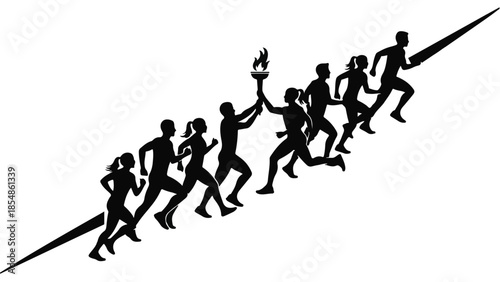 Diverse group of runners passing a flaming torch uphill, symbolizing teamwork and victory.