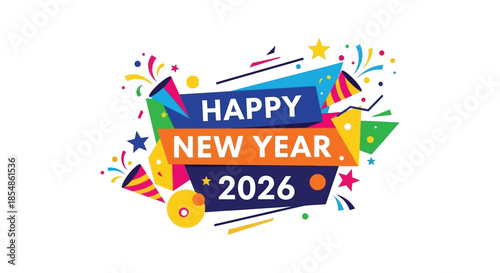 A vibrant new year celebration design featuring colorful confetti streamers and the year 2026