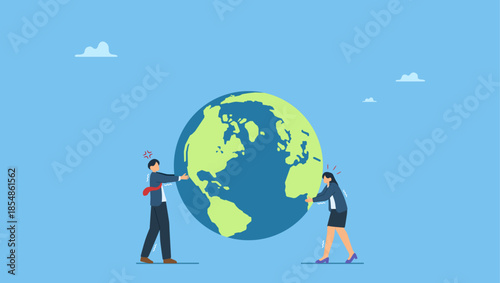 Business people countries fight over world's planet earth. Geopolitics, compete to be world leader, power to gain advantage from world economics or international trade and commercial.