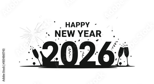 A celebratory new year design featuring fireworks confetti and the year 2026 in bold lettering