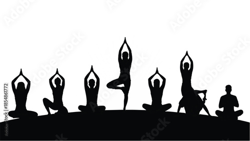 Diverse group finding serenity and balance through various yoga poses outdoors