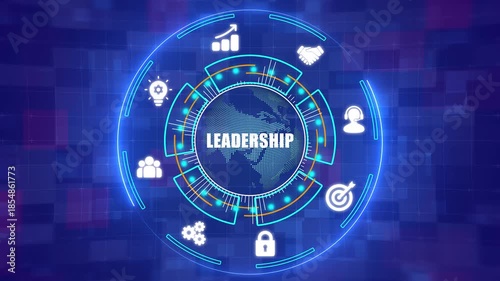 Visionary Business Leadership and Corporate Management Concept with High-Tech HUD Icons - 4K